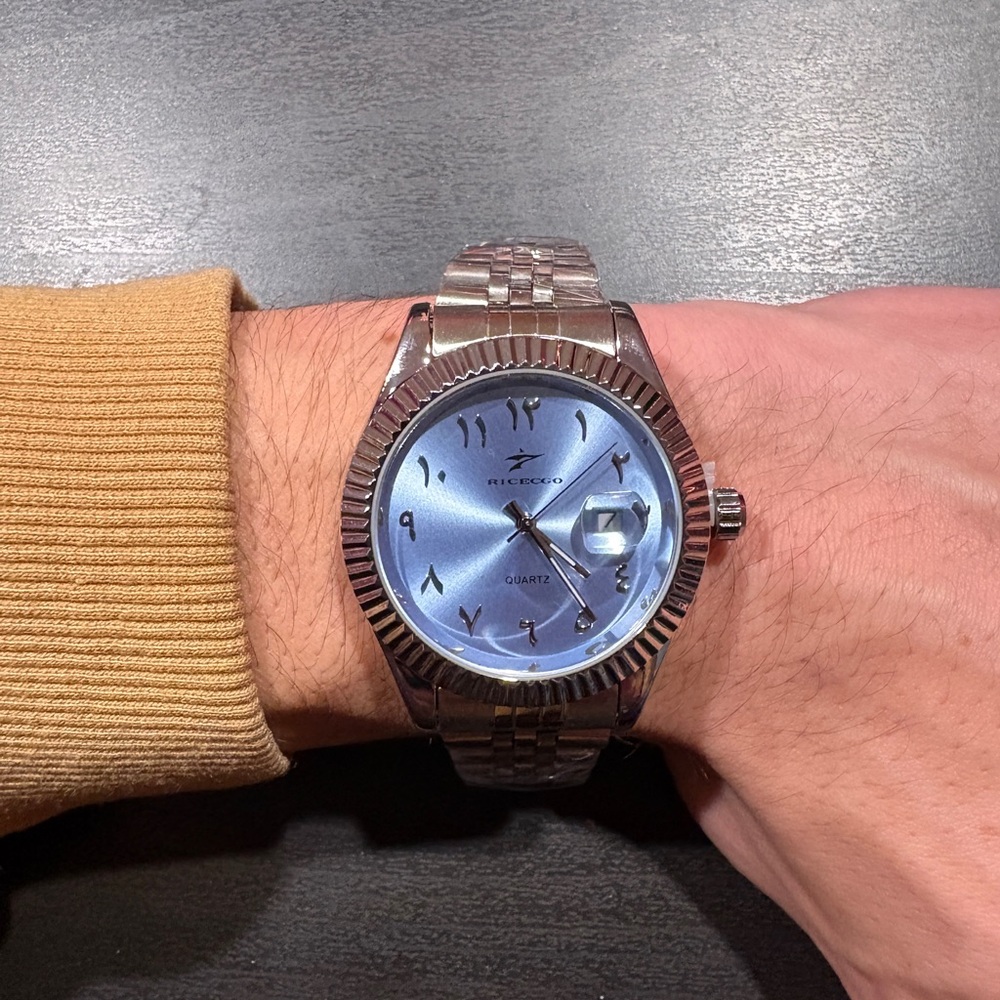 Silver Date Arabic Dial Watch Swiss Style
